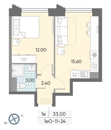 1 комн. квартира, 33 м², 24 этаж 