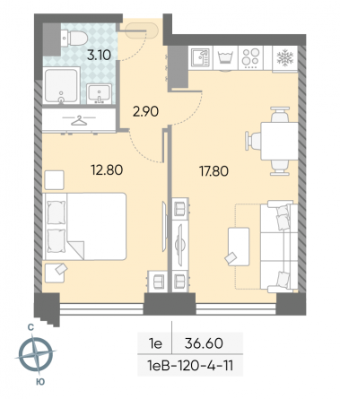 1 комн. квартира, 36.6 м², 5 этаж 
