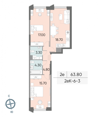 2 комн. квартира, 63.8 м², 3 этаж 