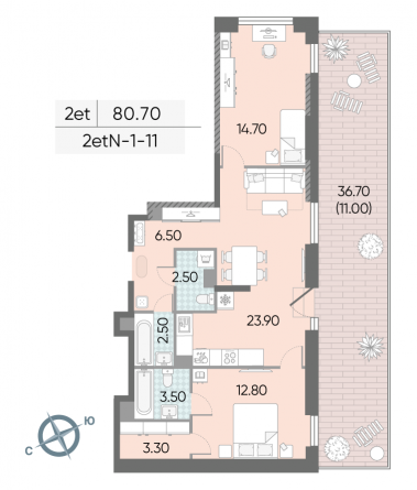 2 комн. квартира, 80.7 м², 11 этаж 