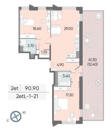 2 комн. квартира, 90.9 м², 21 этаж 