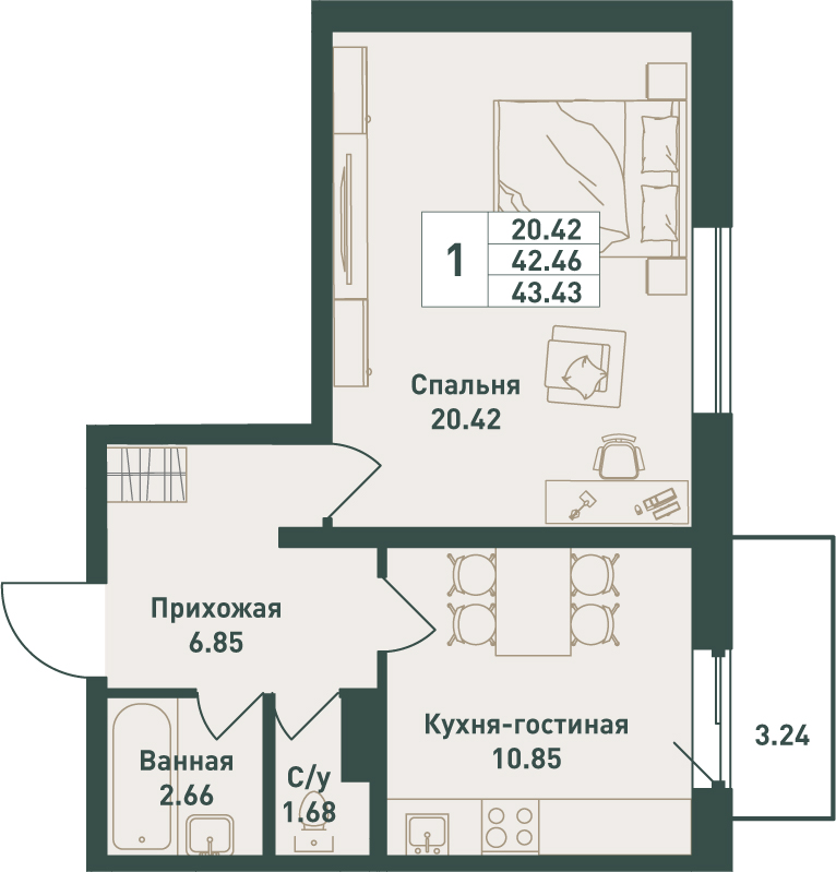 1 комн. квартира, 43.4 м², 15 этаж 