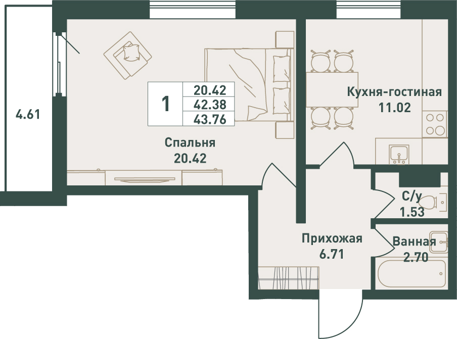 1 комн. квартира, 43.8 м², 4 этаж 
