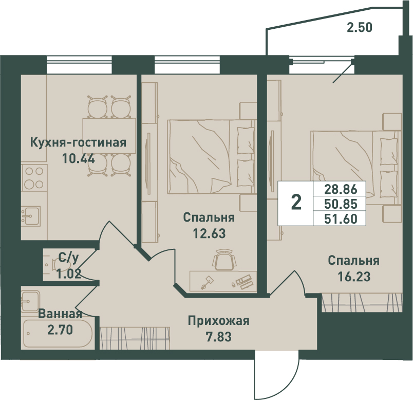 2 комн. квартира, 51.6 м², 8 этаж 