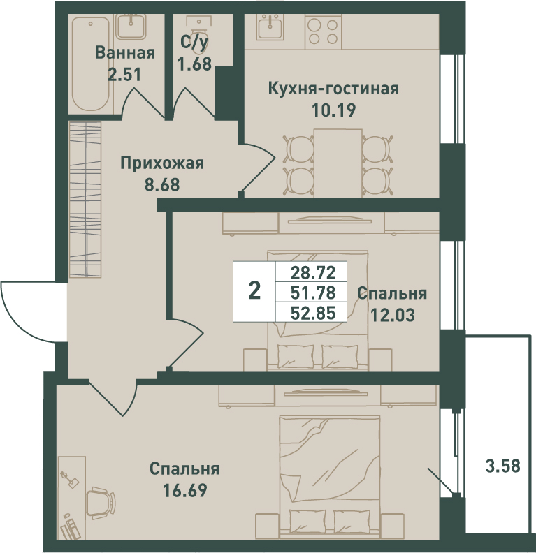 2 комн. квартира, 52.9 м², 2 этаж 