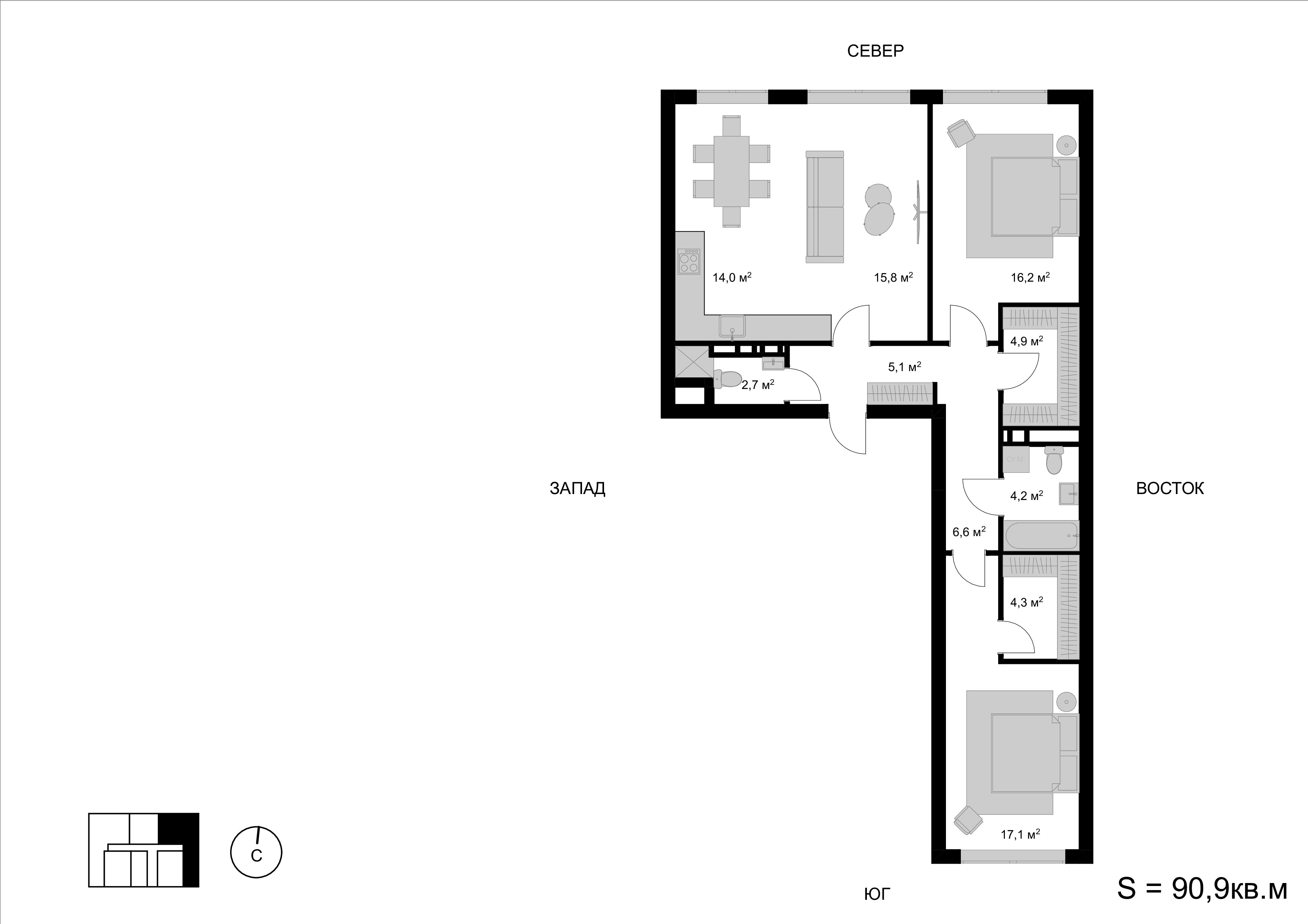 3 комн. квартира, 90.9 м², 2 этаж 