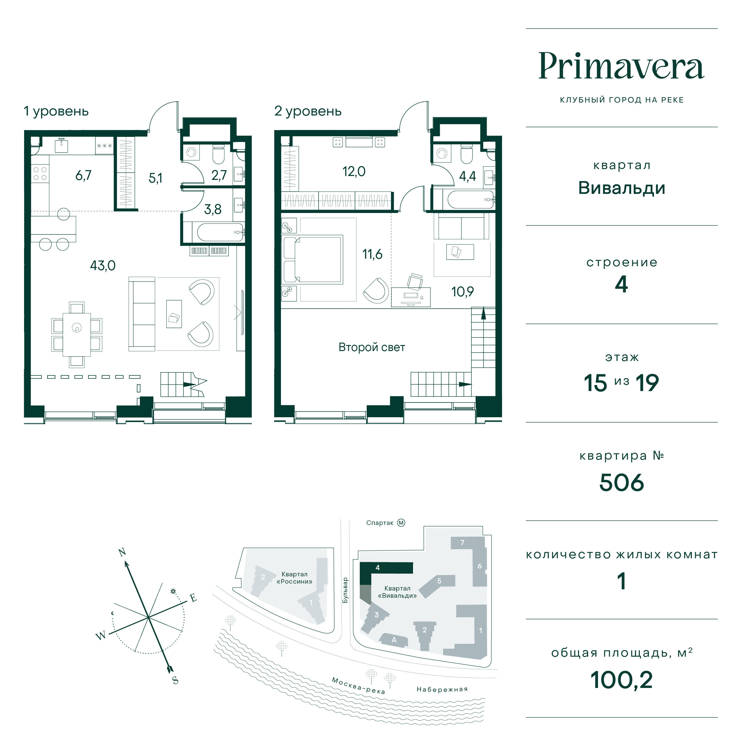 квартира со свободной планировкой, 100.2 м², 15 этаж  (из 19)