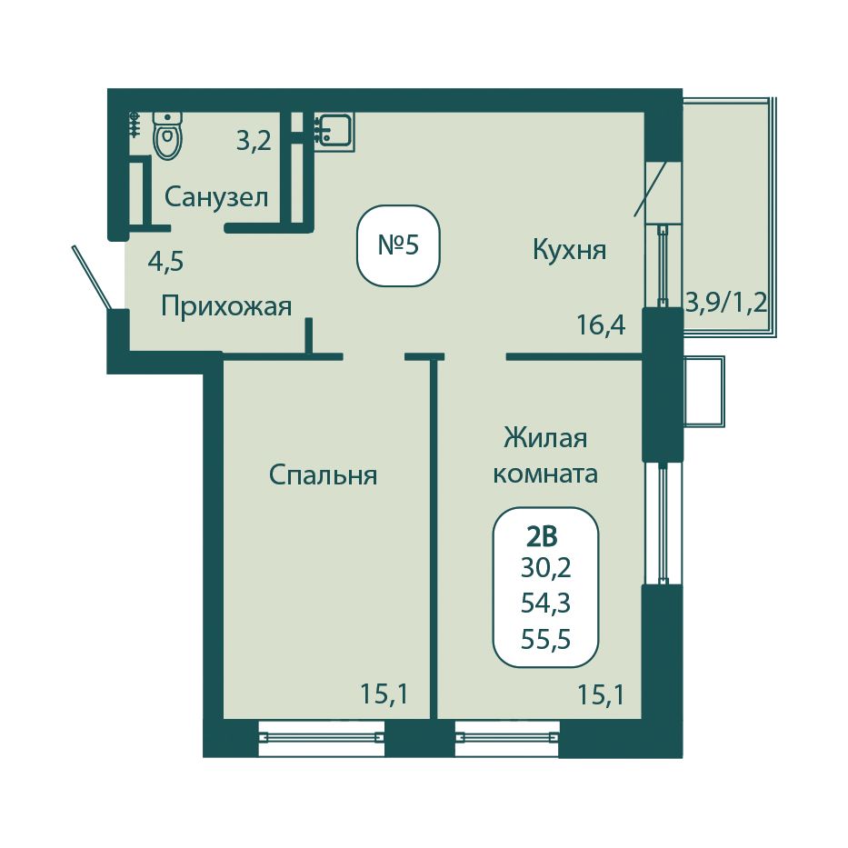 2 комн. квартира, 55.5 м², 13 этаж 