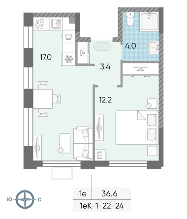 1 комн. квартира, 36.6 м², 24 этаж 