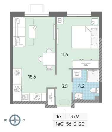 1 комн. квартира, 37.9 м², 20 этаж 
