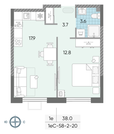 1 комн. квартира, 38 м², 20 этаж 