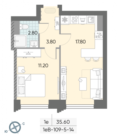1 комн. квартира, 35.6 м², 8 этаж 