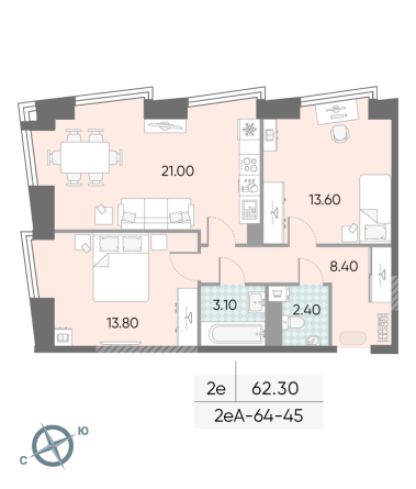 2 комн. квартира, 62.3 м², 45 этаж 