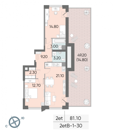 2 комн. квартира, 81.1 м², 30 этаж 