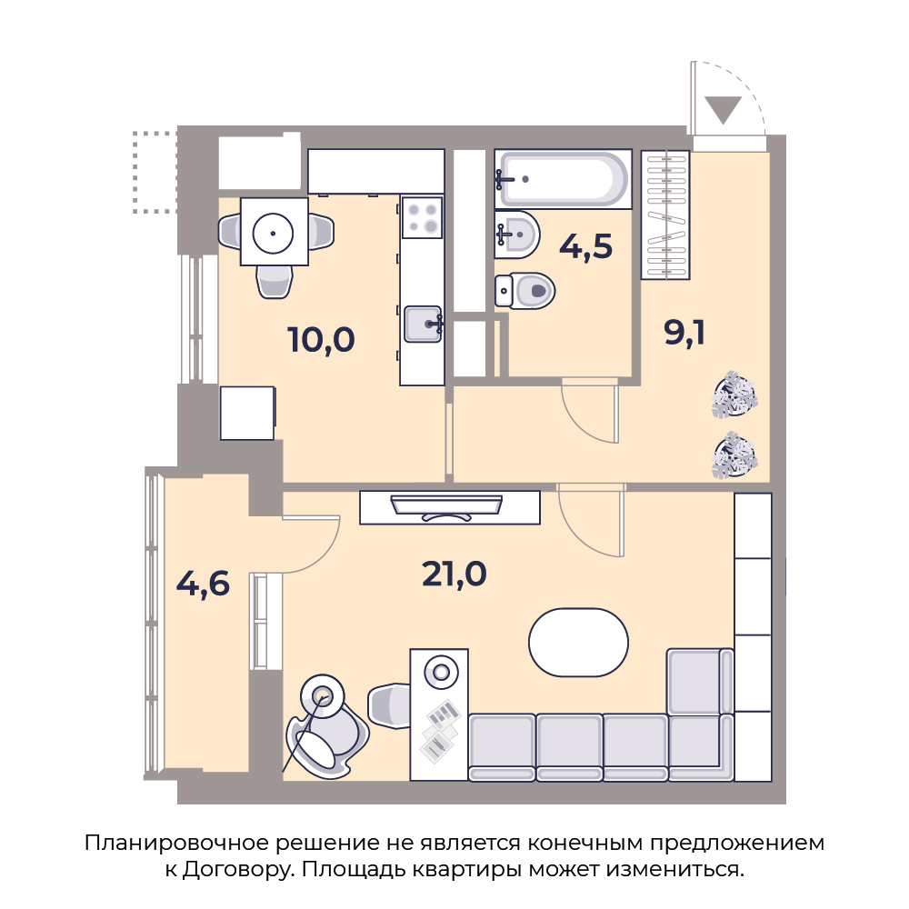 1 комн. квартира, 49.3 м², 8 этаж 