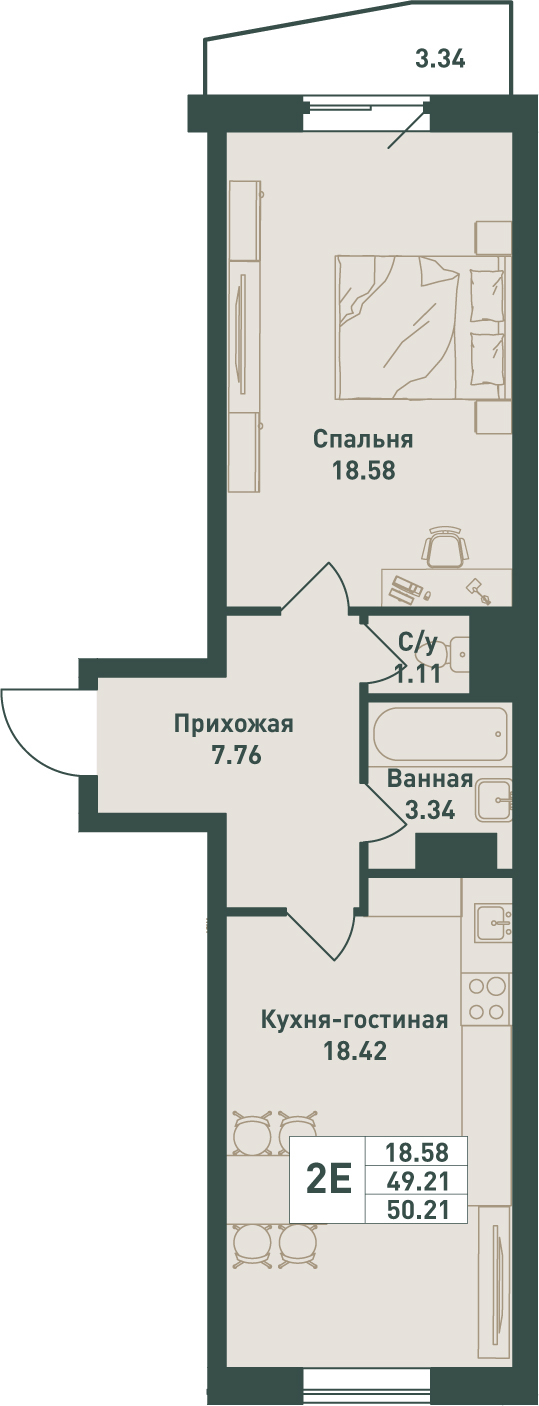 1 комн. квартира, 50.2 м², 7 этаж 