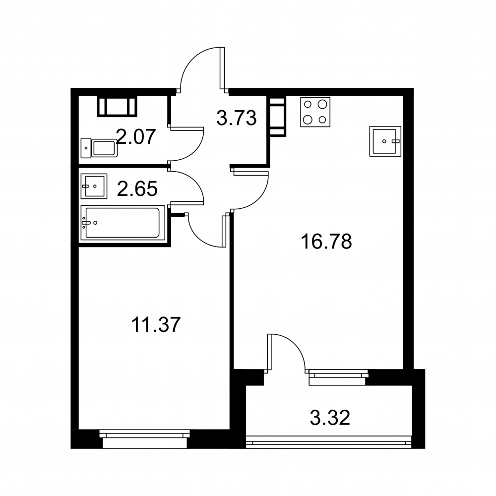 1 комн. квартира, 38.3 м², 7 этаж 