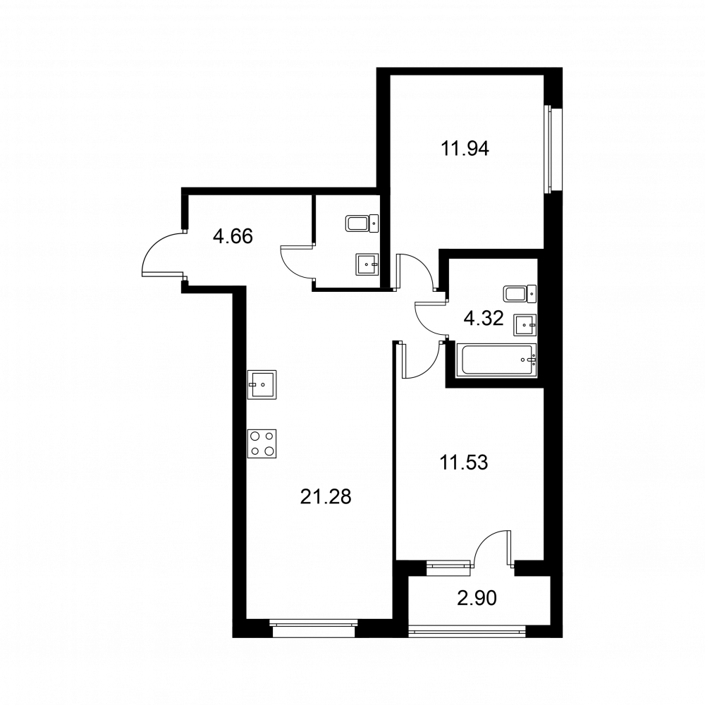 2 комн. квартира, 57.7 м², 1 этаж 