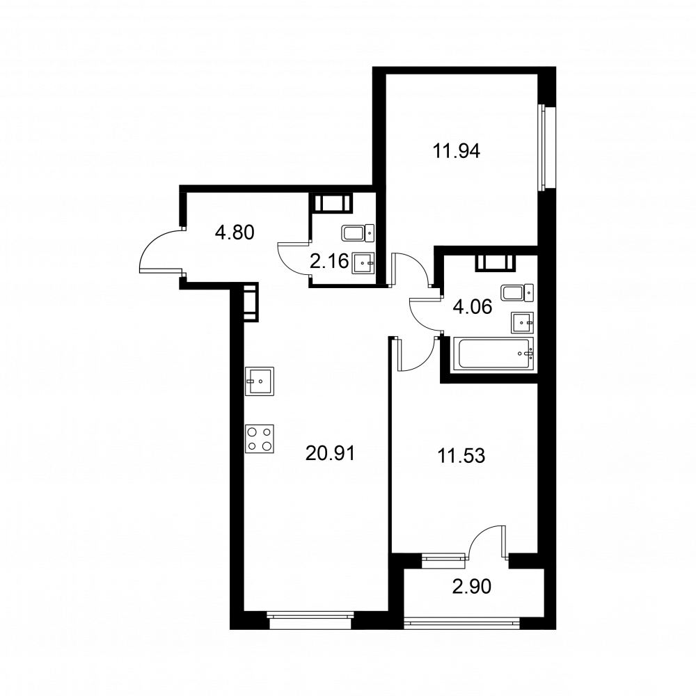2 комн. квартира, 56.9 м², 2 этаж 