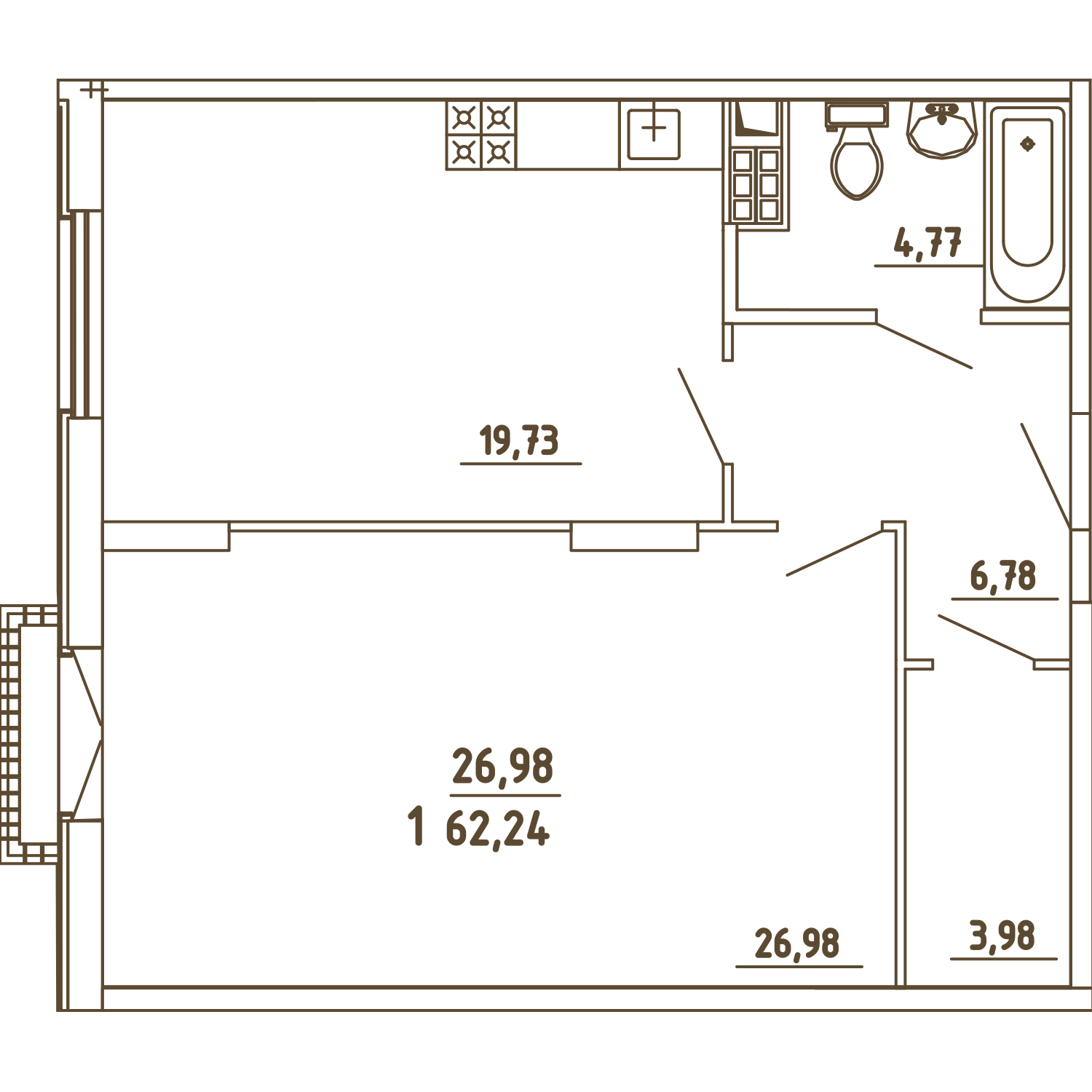 1 комн. квартира, 62.2 м², 3 этаж 