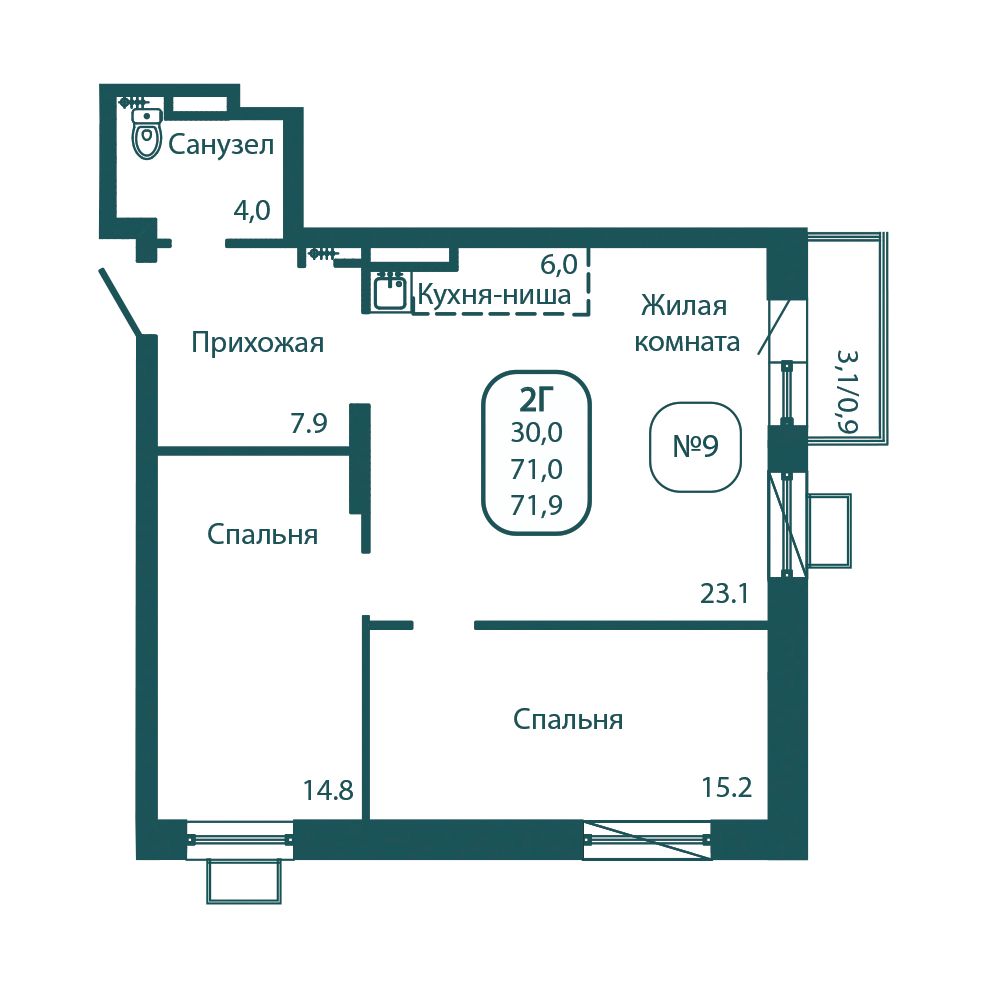 2 комн. квартира, 71.9 м², 8 этаж 
