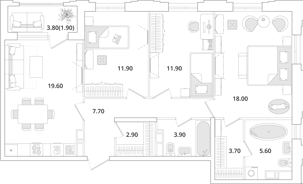3 комн. квартира, 87.1 м², 11 этаж 