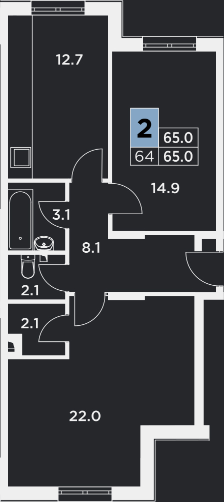 2 комн. квартира, 65 м², 1 этаж 