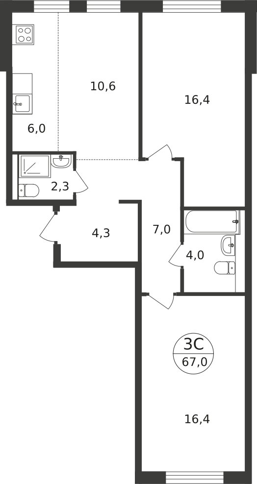 3 комн. квартира, 67 м², 2 этаж  (из 9)