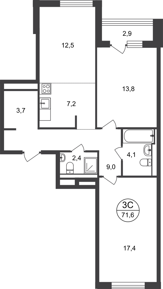 3 комн. квартира, 71.6 м², 2 этаж  (из 9)