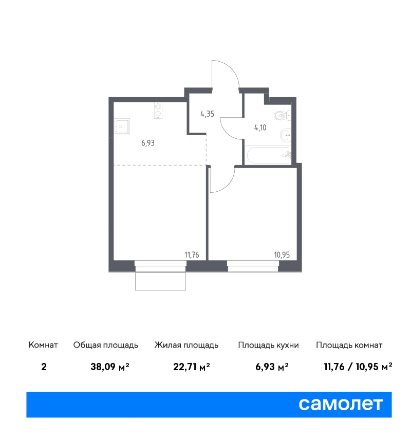 1 комн. квартира, 38.1 м², 9 этаж  (из 10)