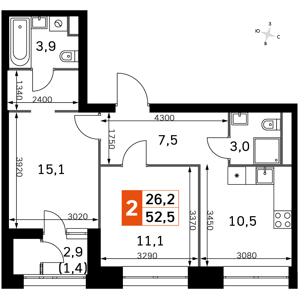 2 комн. квартира, 52.5 м², 3 этаж 