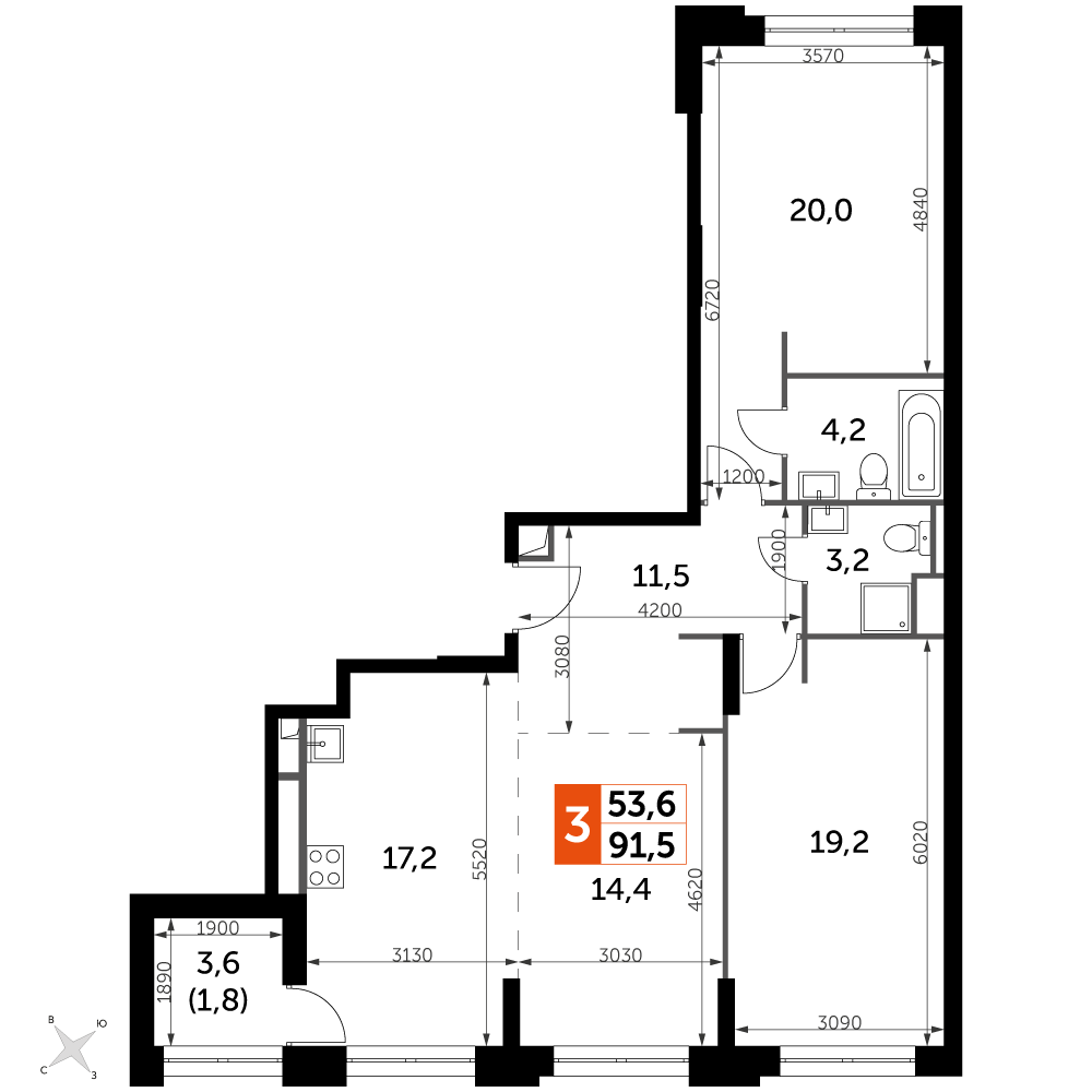 3 комн. квартира, 91.5 м², 15 этаж 