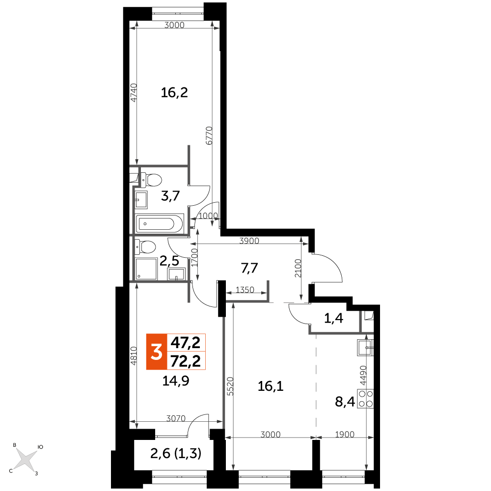3 комн. квартира, 72.2 м², 3 этаж 