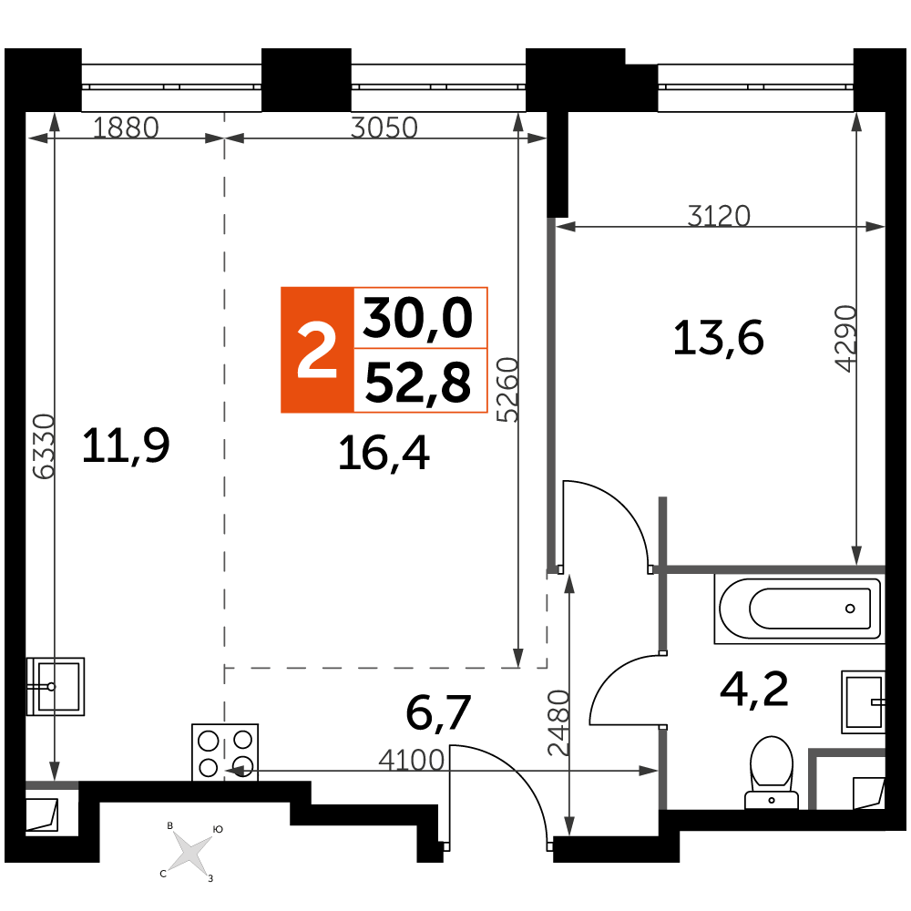 2 комн. квартира, 52.8 м², 18 этаж 