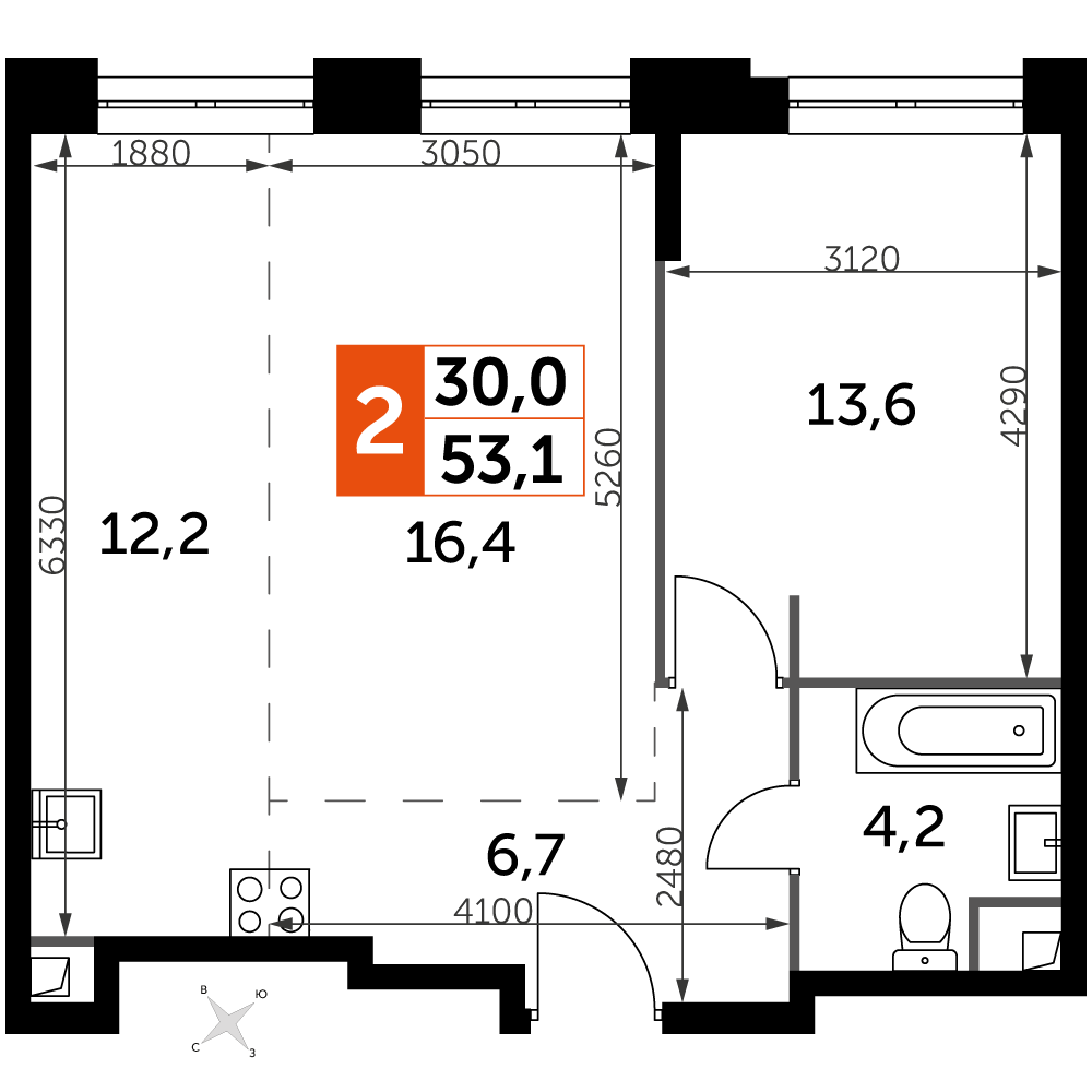 2 комн. квартира, 53.1 м², 21 этаж 