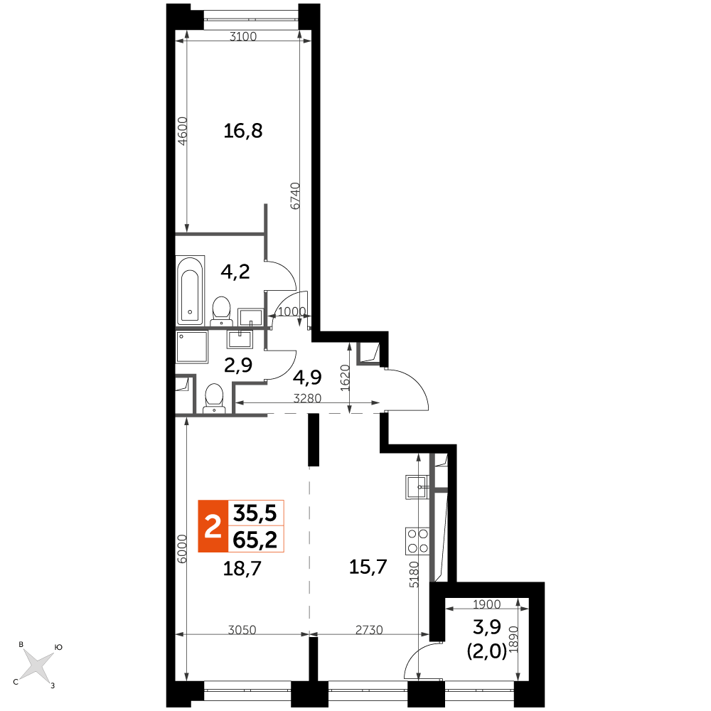 2 комн. квартира, 65.2 м², 23 этаж 