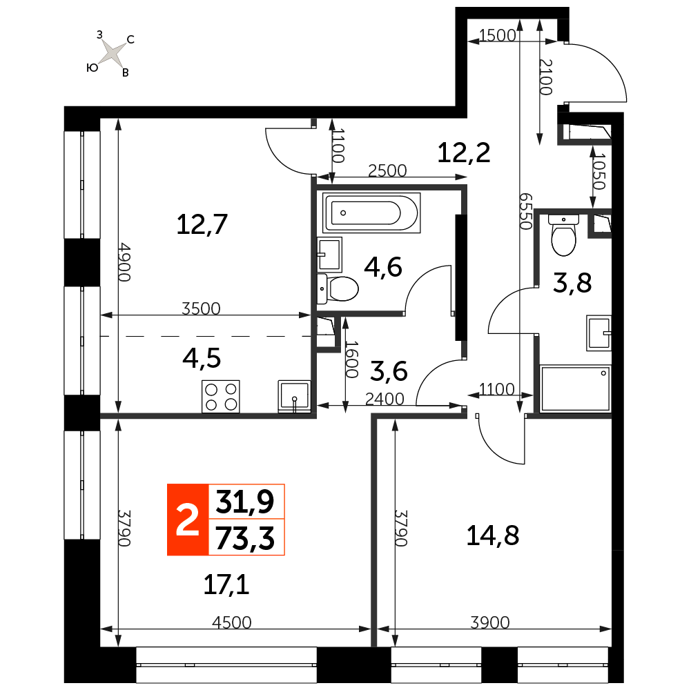 2 комн. квартира, 73.3 м², 3 этаж 