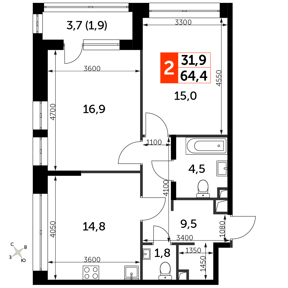 2 комн. квартира, 64.4 м², 4 этаж 