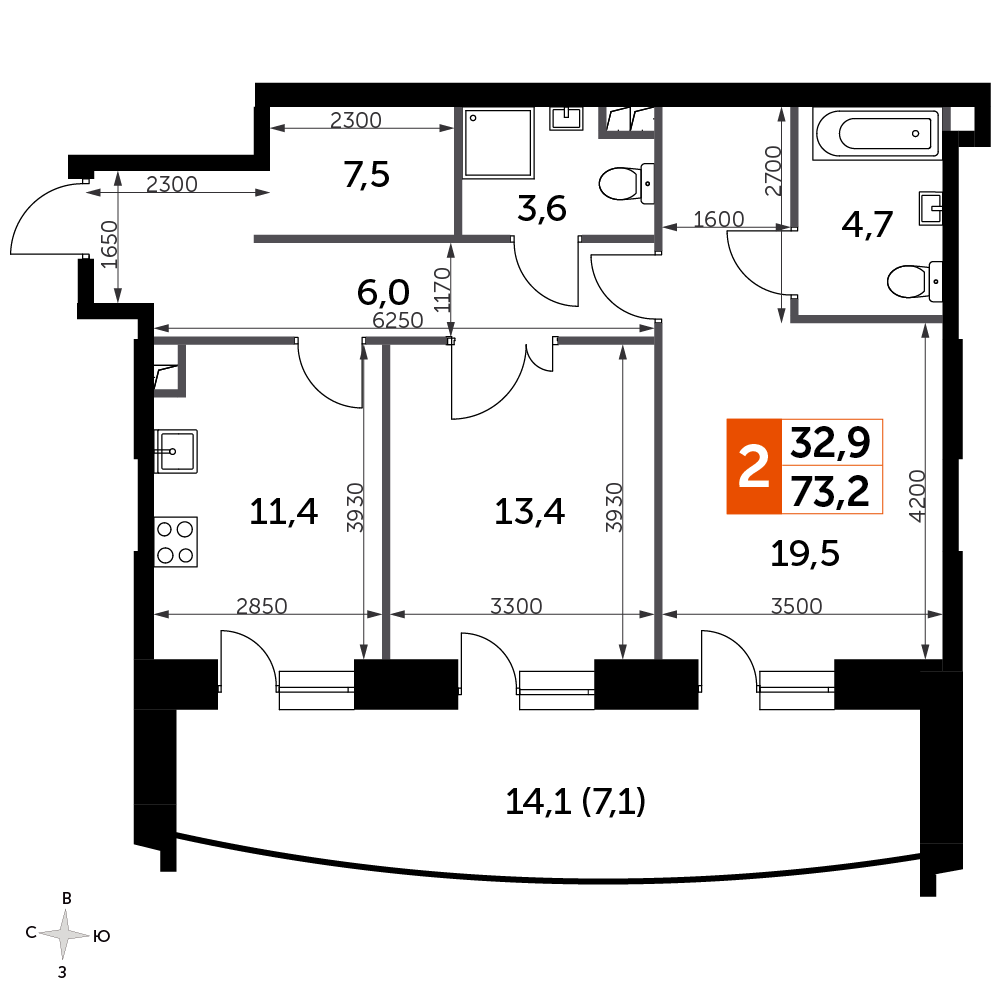 2 комн. квартира, 73.2 м², 12 этаж 