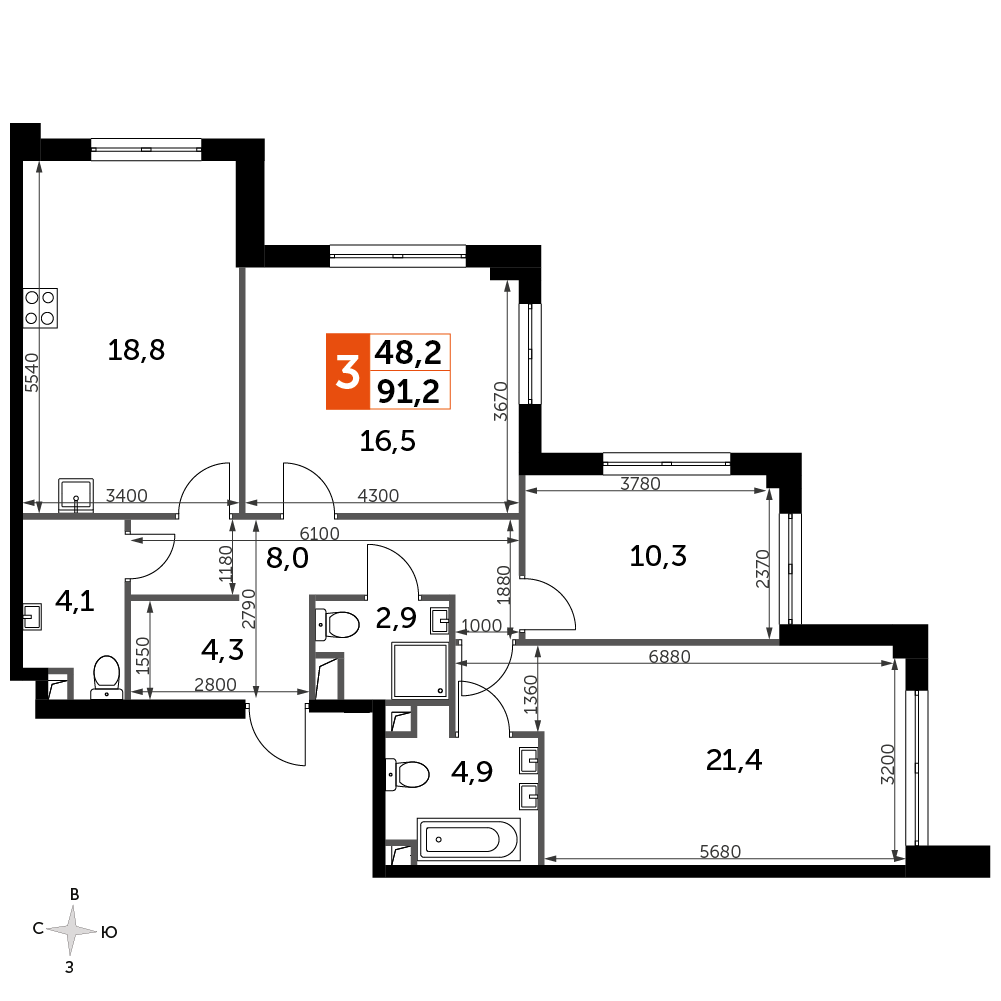 3 комн. квартира, 91.3 м², 43 этаж 