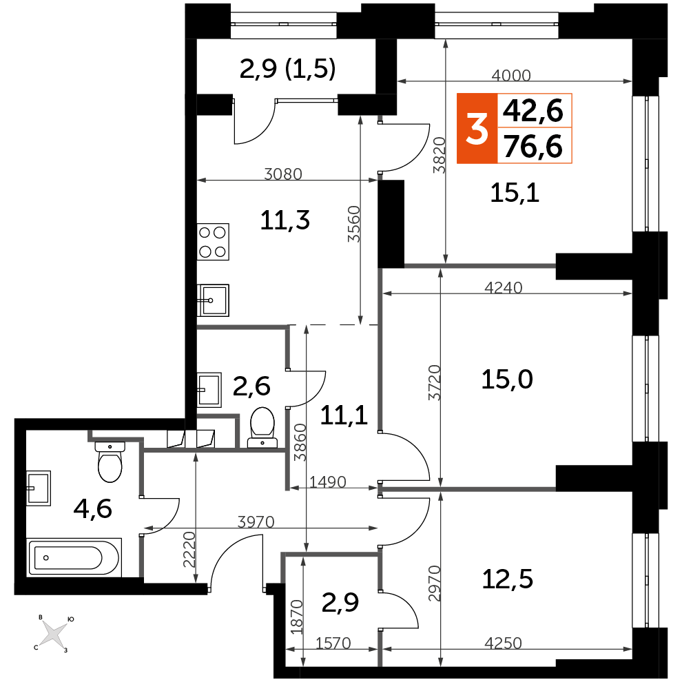 3 комн. квартира, 76.6 м², 2 этаж 