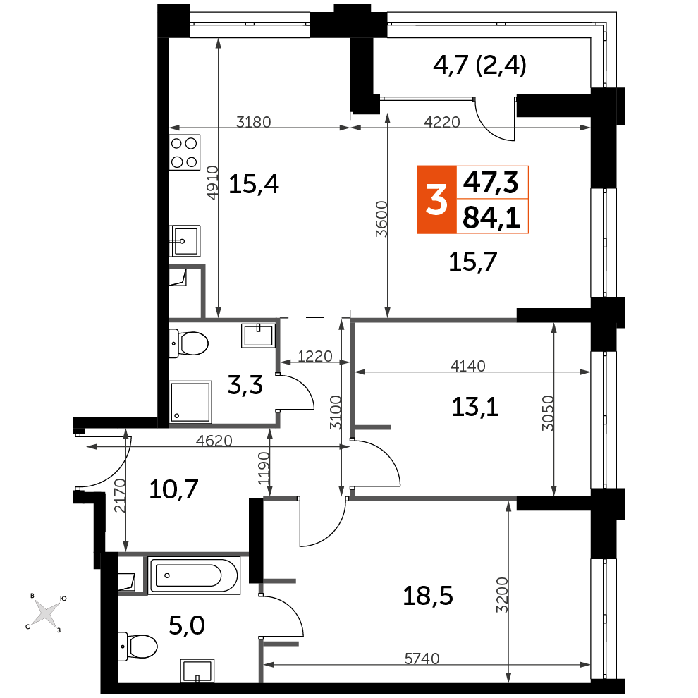 3 комн. квартира, 84.1 м², 25 этаж 