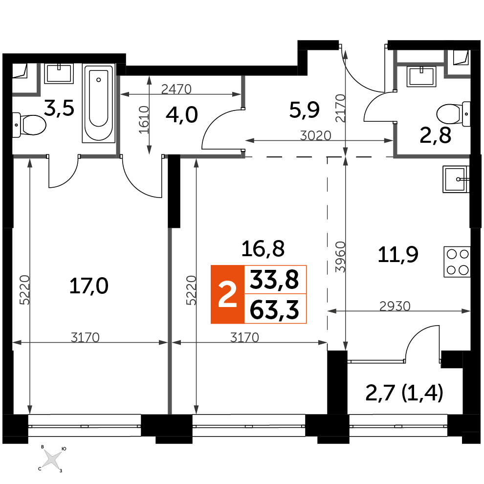 2 комн. квартира, 63.3 м², 27 этаж 