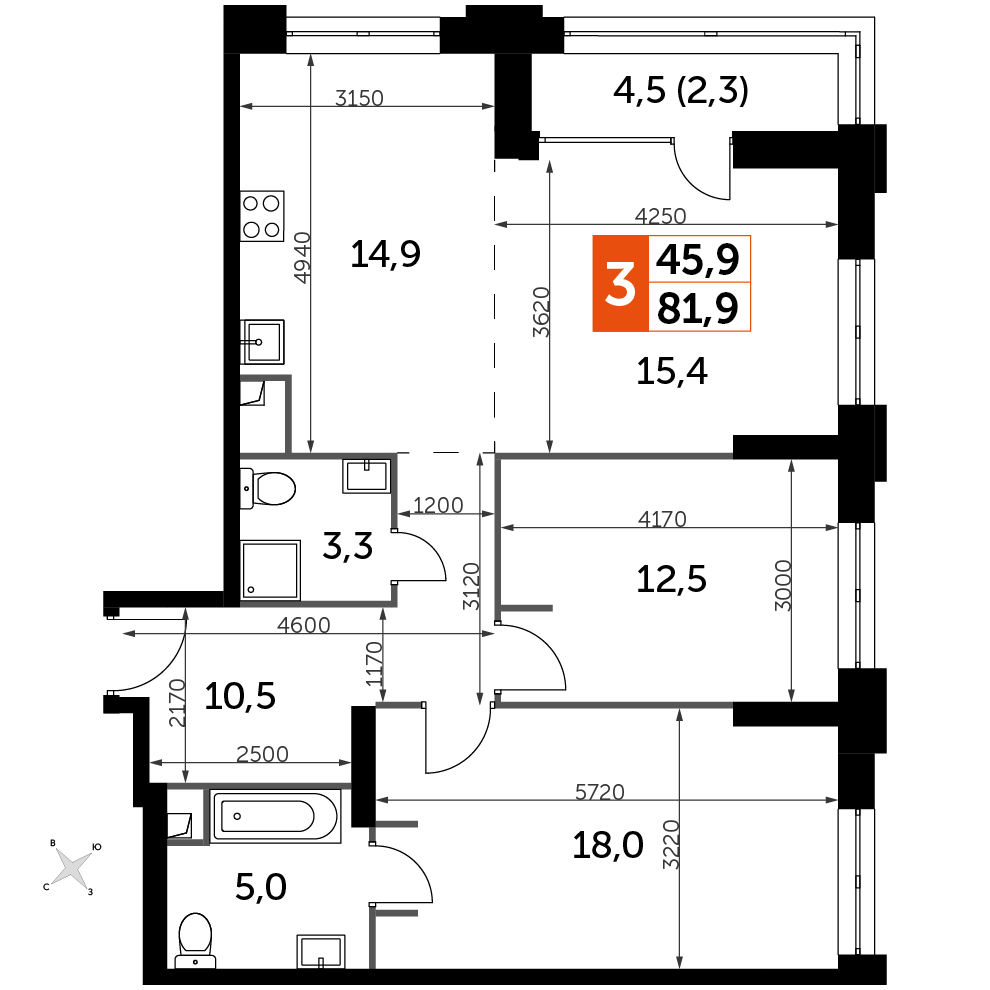 3 комн. квартира, 81.9 м², 12 этаж 