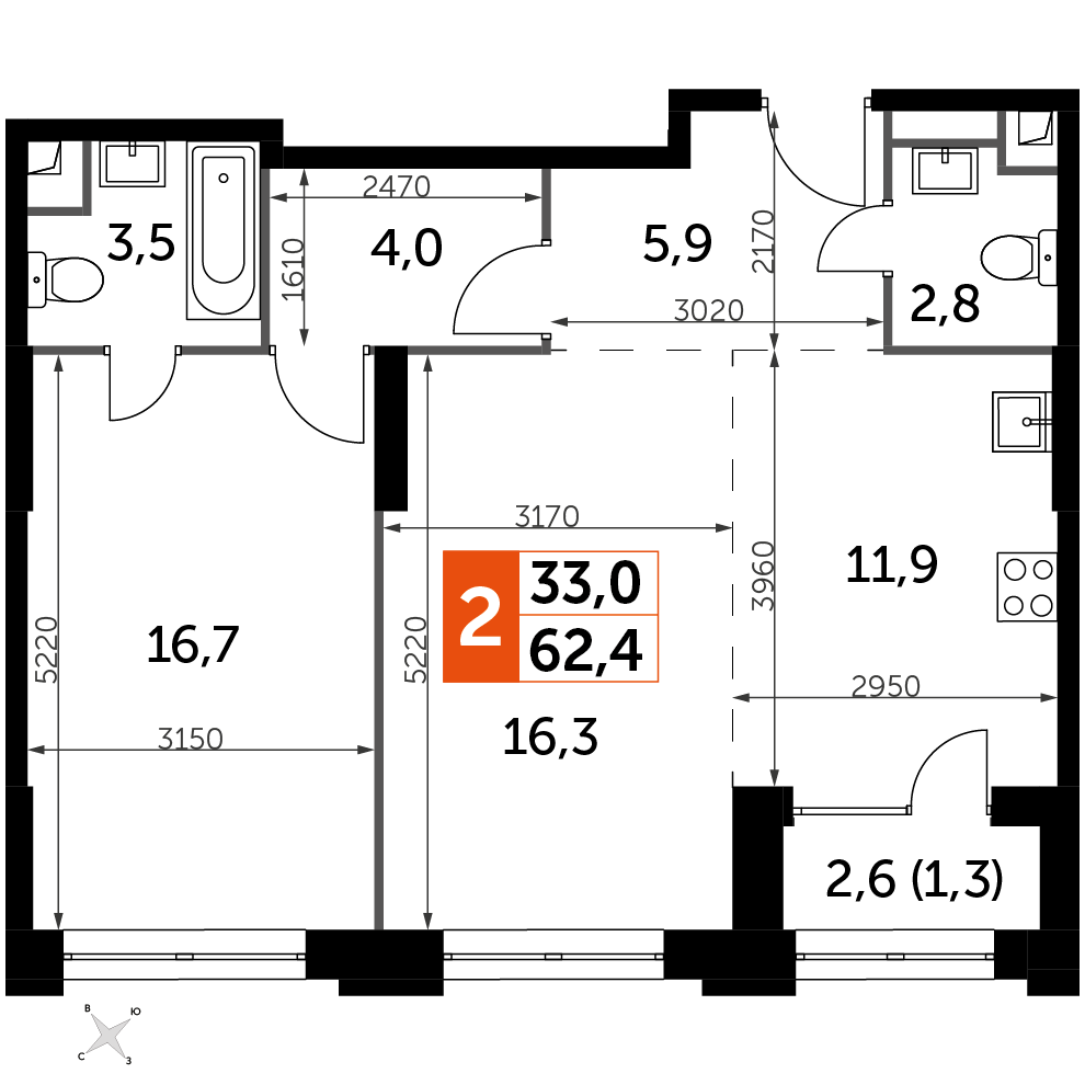 2 комн. квартира, 62.4 м², 14 этаж 