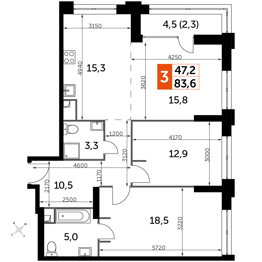 3 комн. квартира, 83.6 м², 16 этаж 