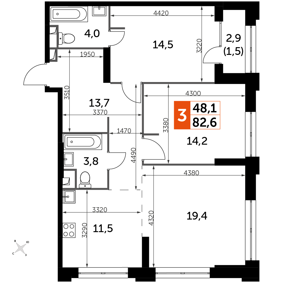 3 комн. квартира, 82.6 м², 16 этаж 