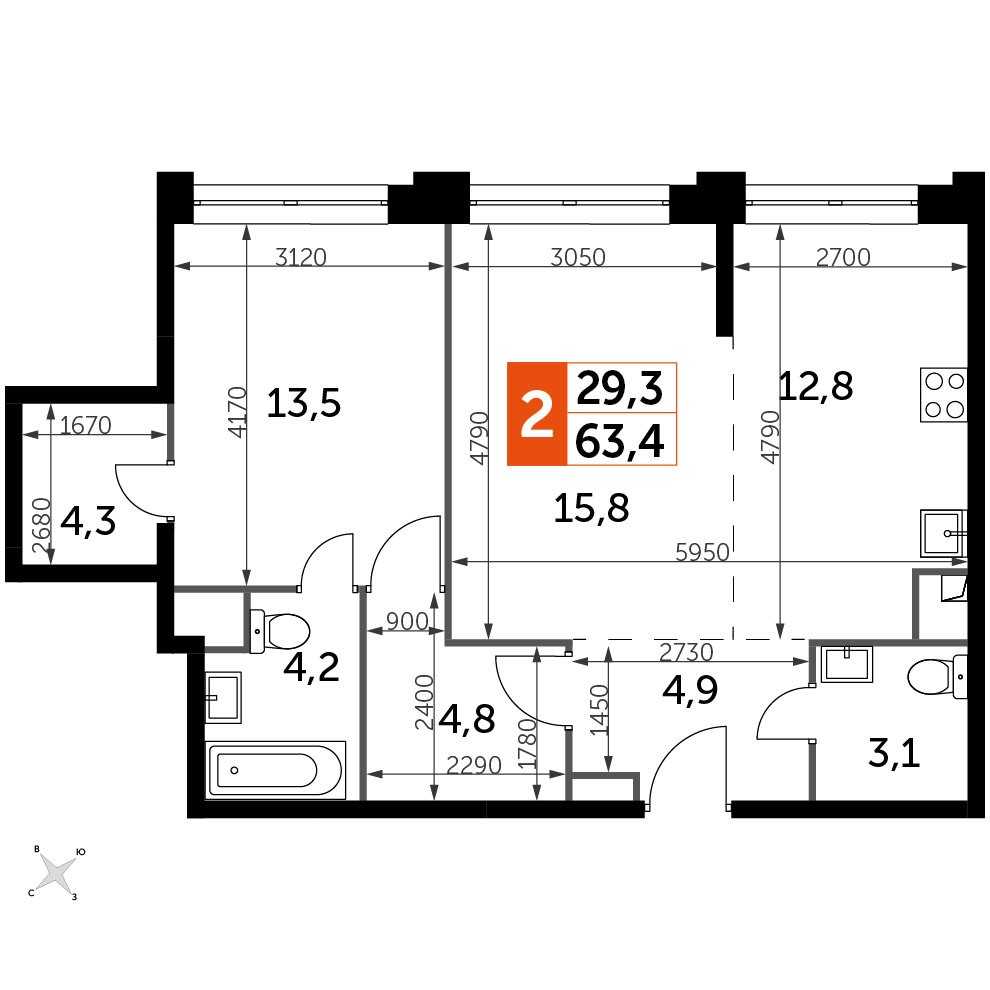 2 комн. квартира, 63.4 м², 33 этаж 