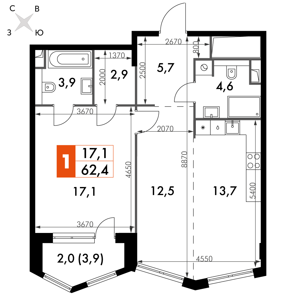 1 комн. квартира, 62.4 м², 7 этаж 