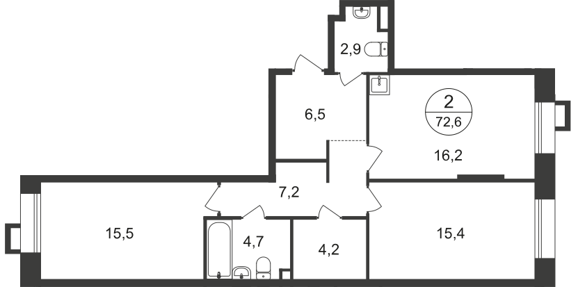 2 комн. квартира, 72.6 м², 2 этаж  (из 21)